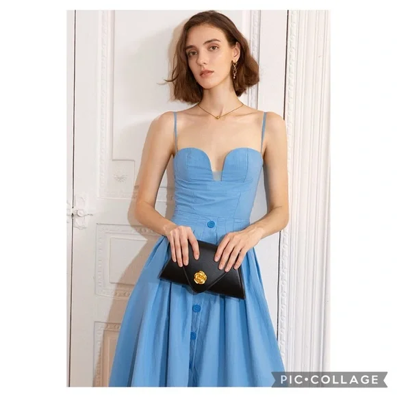 AEL Amy Enjoy Life Studio Marion Bustier Blue Button A-Line Midi Dress Size M - Picture 12 of 12